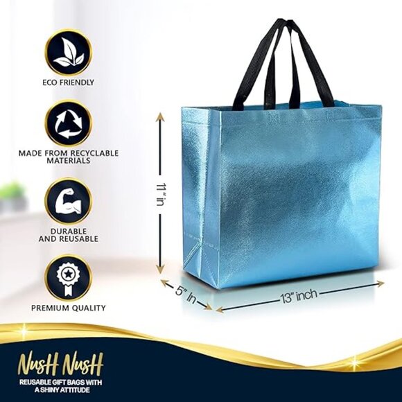 Aqua Blue Gift Bags Large Size – Set of 12 Shiny Turquoise Reusable Gift Bags - Picture 4 of 4